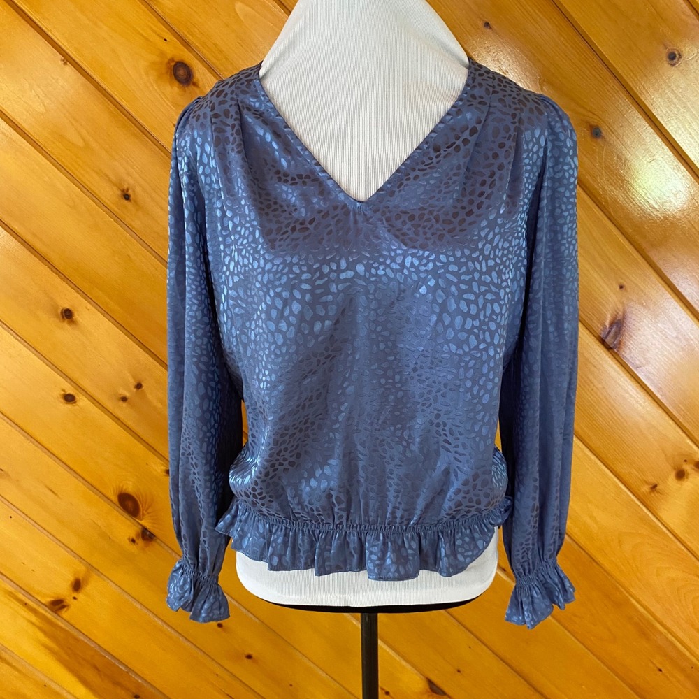 Chenault Blue Leopard Satin Jacquard V-Neck Peplum Blouse Smocked Cuffs Small